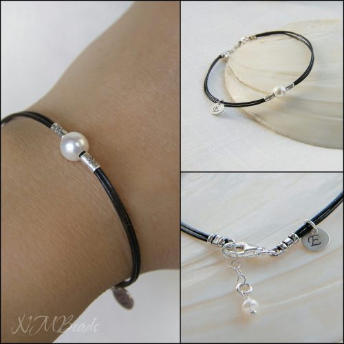 Personalized Single Pearl And Leather Bracelet Initial Disc Charm Sterling Silver