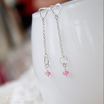 Pink Ruby Triangle Stud Long Chain Earrings Sterling Silver