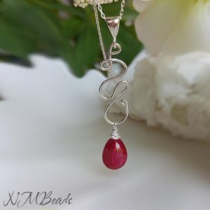 Artisan Ruby Necklace Squiggle Pendant Sterling Silver