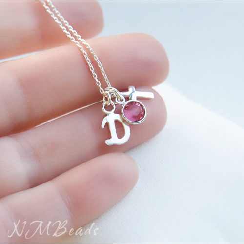 Children Initial Necklace With Cross And Birthstone Swarovski Sterling