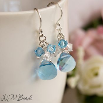 Blue Swarovski Crystal Cluster Earrings Sterling Silver Wire Wrapped