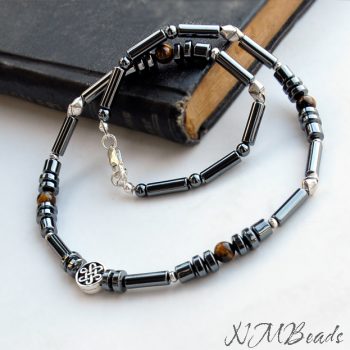Mens Hematite Beaded Choker Necklace With Celtic Knot Sterling Silver