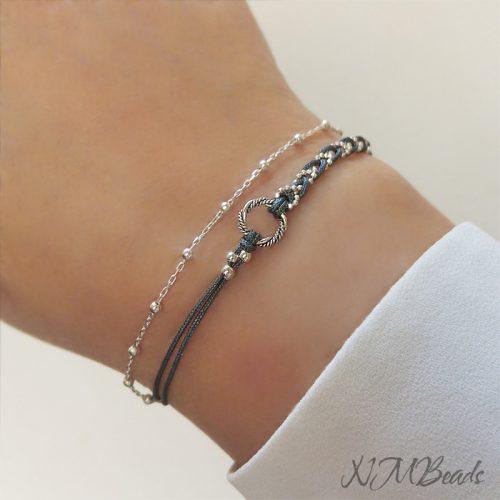 Delicate Braided String And Chain Bracelet With Circle Sterling Silver Layered
