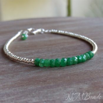 Delicate Emerald Beaded Bracelet With Silver Beads Skinny