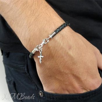 Mens Black Leather Bracelet With Artisan Cross Charm Sterling Silver