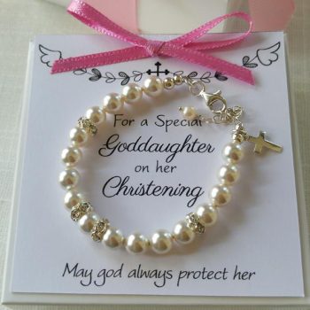 Christening Gift For Girls Toddler Goddaughter Infant Baptism Birthday Keepsake Pearl Bracelet With Cross