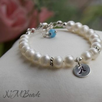 Children Personalized Pearl Bracelet Stamped Initial Disc Sterling Silver