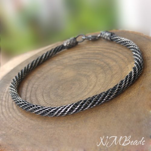 Mens Spiral Rope Chain Bracelet Oxidized Fine Silver OOAK
