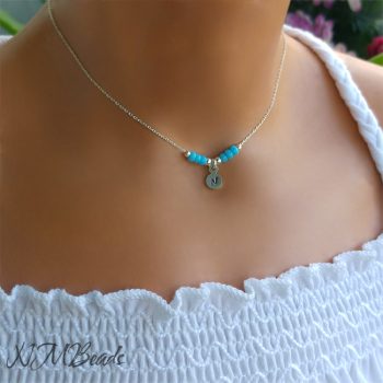 Girls Tiny Initial Coin Necklace With Turquoise Beads Sterling Silver