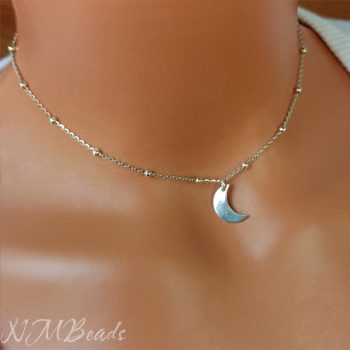 Delicate Crescent Moon Choker Celestial Necklace With Satellite Chain Sterling Silver