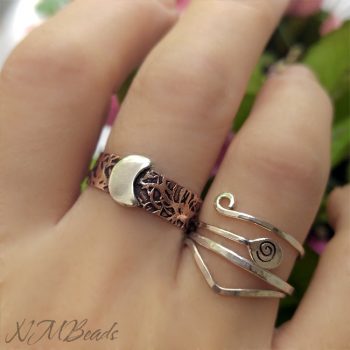 Rustic Crescent Moon Ring With Copper Band Adjustable