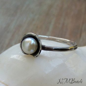 Unique Pearl On Organic Disc Ring Sterling Silver OOAK