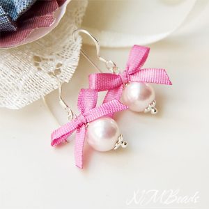 Girls Pale Pink Pearl Earrings With Hot Pink Silk Bow Sterling Silver