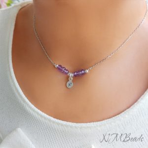 Girls Amethyst Bar Necklace With Tiny Initial Coin Sterling Silver